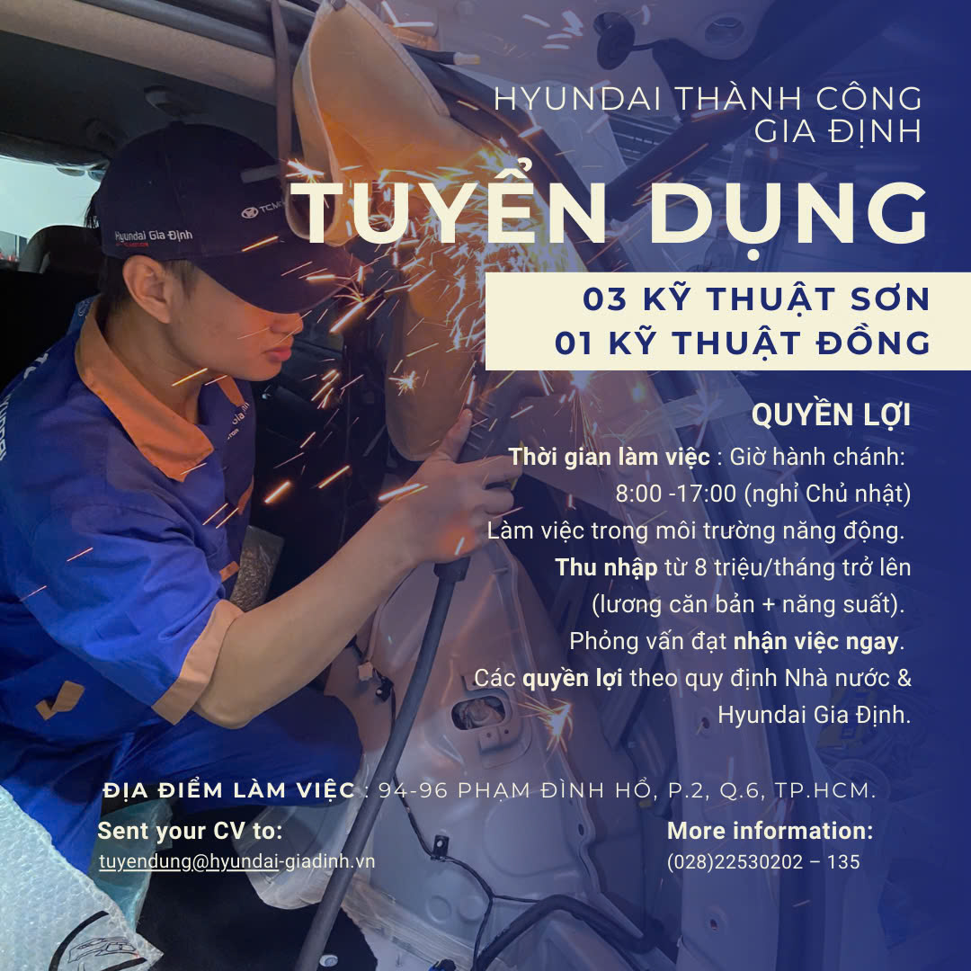 Tuyển dụng 3 kỹ thuật sơn, 3 kỹ thuật đồng