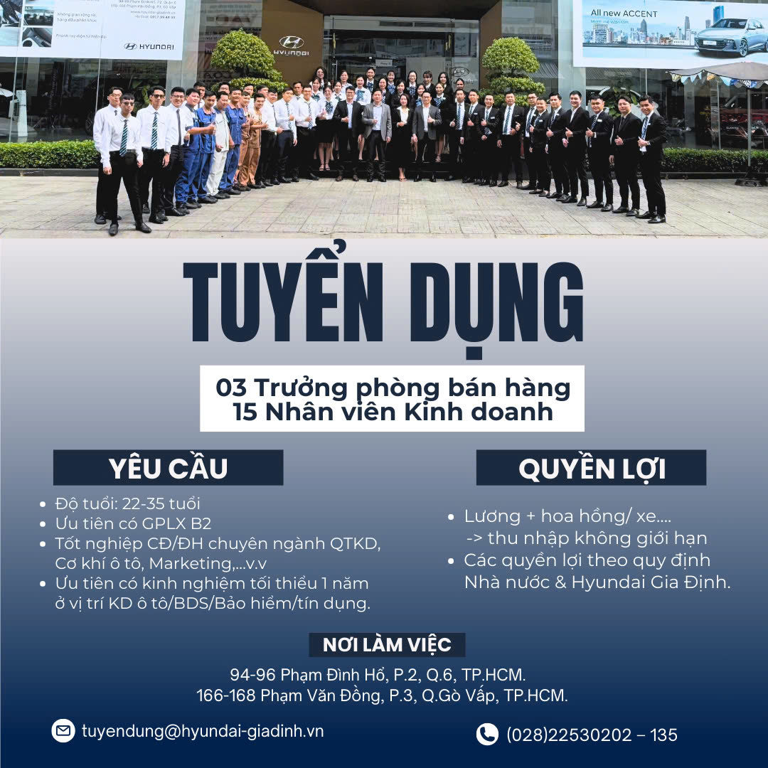 Tuyển dụng 3 trưởng phòng bán hàng, 15 nhân viên kinh doanh